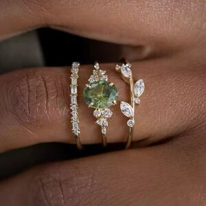 Olive Green Cubic Zircon 3Pcs Set Rings for Women size 7, 8